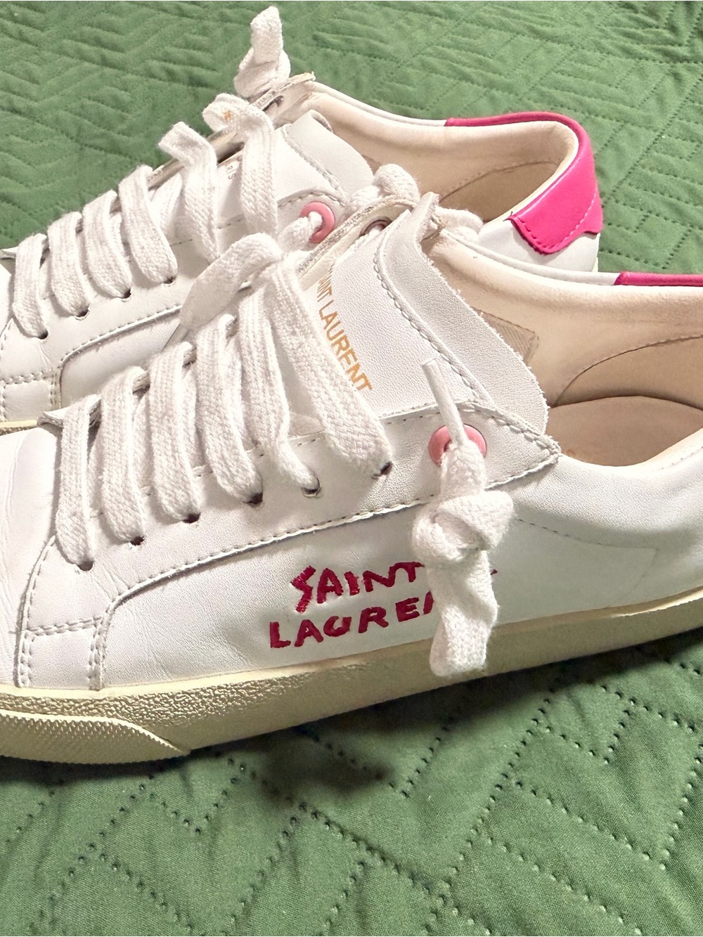 Saint Laurent White Leather Sneakers with Pink Accents